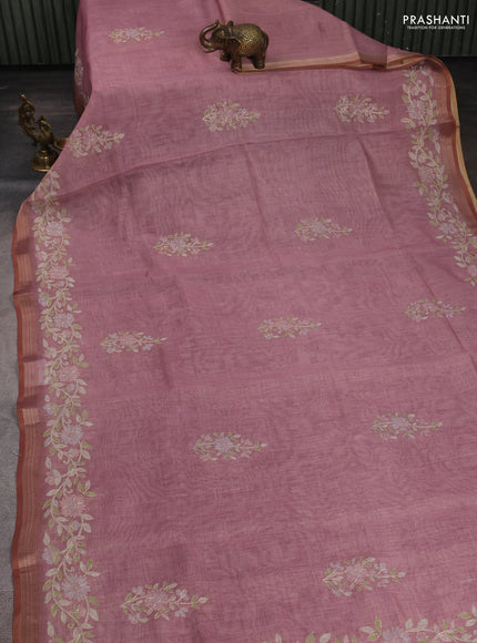 Linen Cotton Saree pastel pink with allover embroidery work and zari woven border