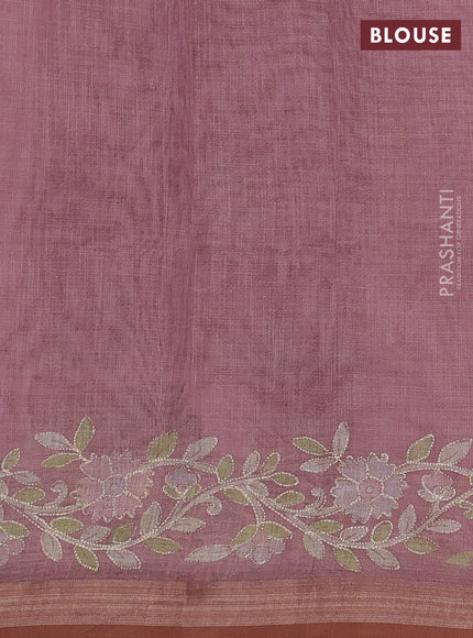 Linen Cotton Saree pastel pink with allover embroidery work and zari woven border
