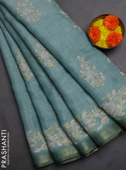 Linen Cotton Saree teal green shade with embroidery work and zari woven border