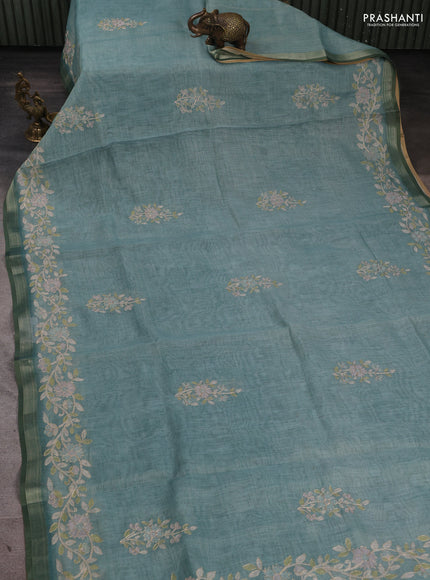 Linen Cotton Saree teal green shade with embroidery work and zari woven border
