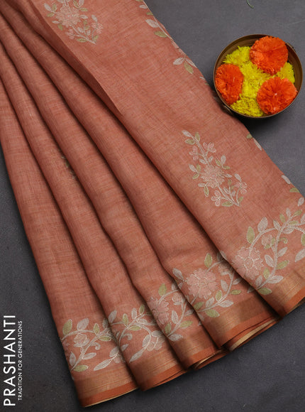 Linen Cotton Saree rust shade with allover embroidery work and zari woven border