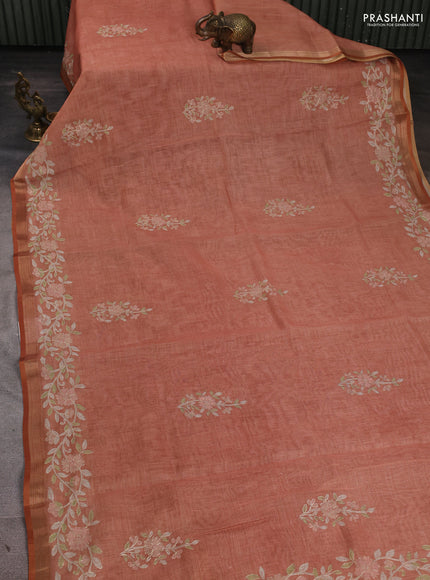 Linen Cotton Saree rust shade with allover embroidery work and zari woven border