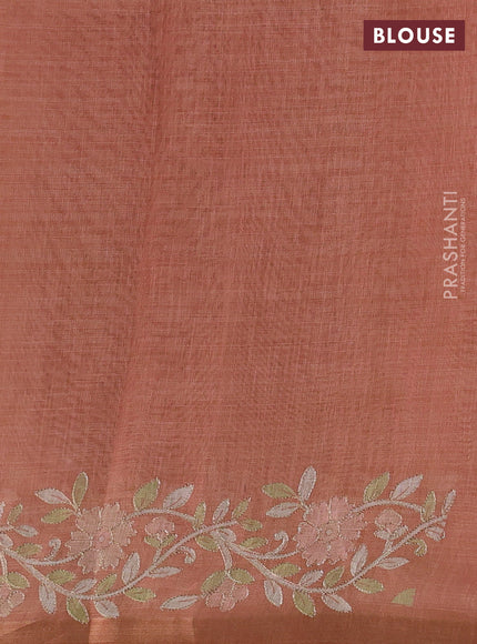 Linen Cotton Saree rust shade with allover embroidery work and zari woven border