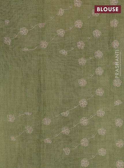 Linen Cotton Saree light green with allover embroidery work and zari woven border