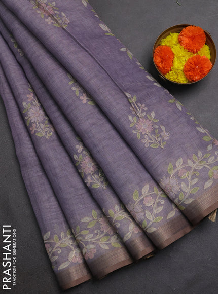 Linen Cotton Saree pastel violet with allover embroidery work and zari woven border