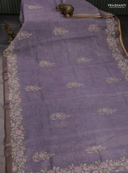 Linen Cotton Saree pastel violet with allover embroidery work and zari woven border