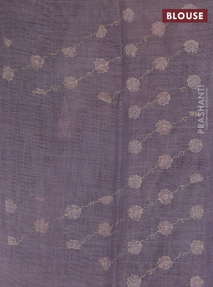 Linen Cotton Saree pastel violet with allover embroidery work and zari woven border