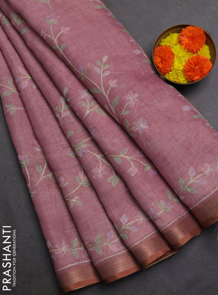 Linen Cotton Saree pastel pink with allover embroidery work and zari woven border