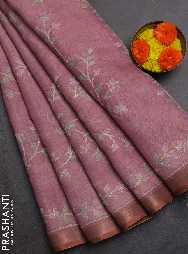 Linen Cotton Saree pastel pink with allover embroidery work and zari woven border