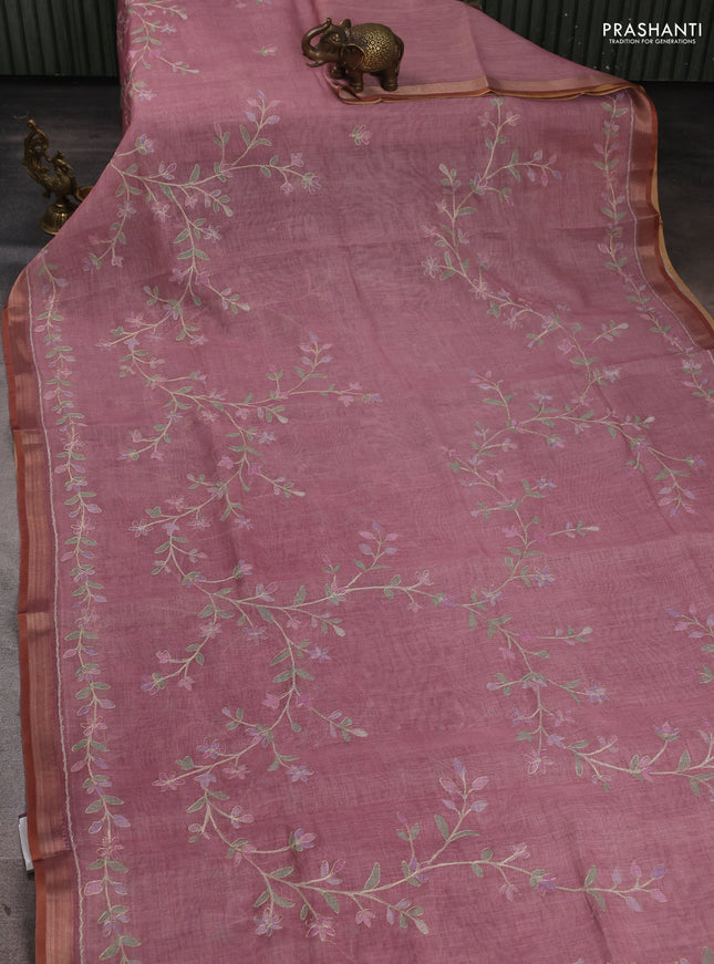 Linen Cotton Saree pastel pink with allover embroidery work and zari woven border