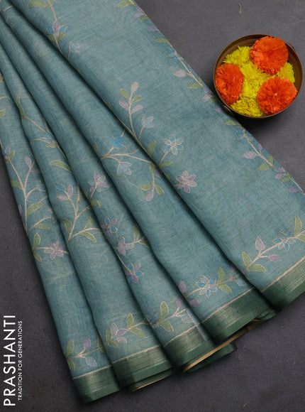 Linen Cotton Saree teal blue with allover embroidery work and zari woven border