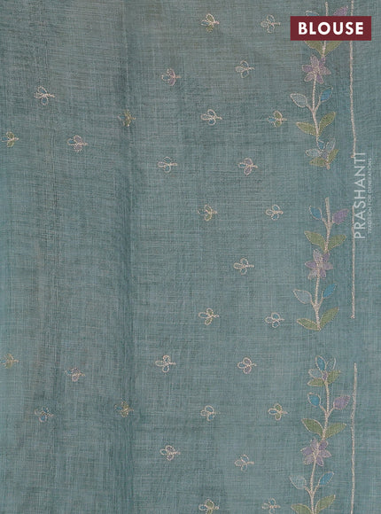 Linen Cotton Saree teal blue with allover embroidery work and zari woven border