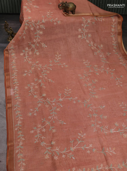 Linen Cotton Saree rust shade with allover embroidery work and zari woven border