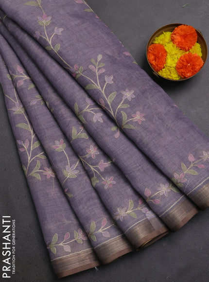 Linen Cotton Saree pastel purple with allover embroidery work and zari woven border