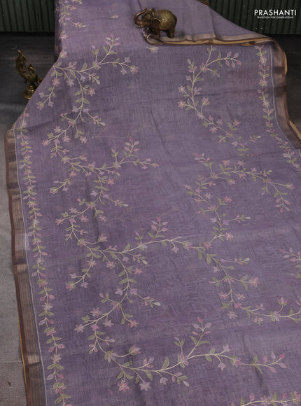 Linen Cotton Saree pastel purple with allover embroidery work and zari woven border