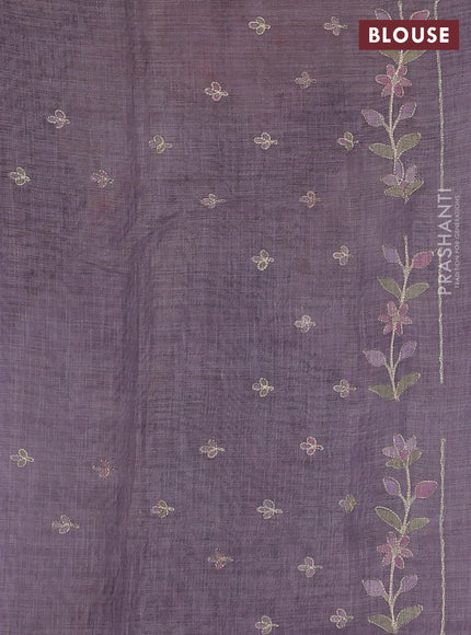 Linen Cotton Saree pastel purple with allover embroidery work and zari woven border