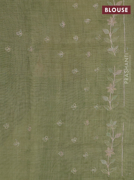 Linen Cotton Saree light green with allover embroidery work and zari woven border