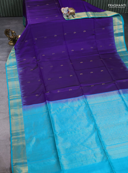 Pure Soft Silk Saree violet and teal green with floral zari woven buttas and zari woven border