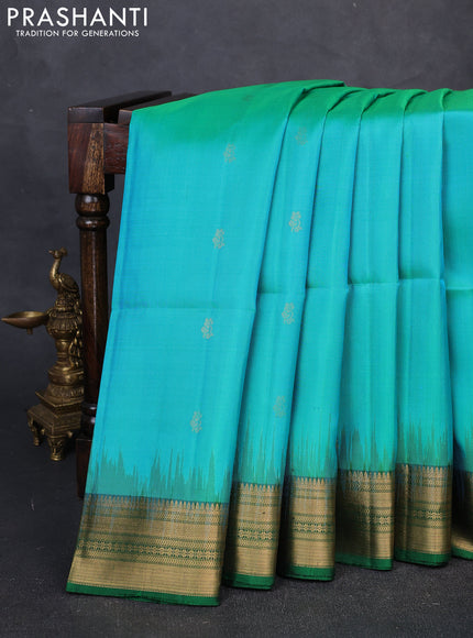 Pure Soft Silk Saree dual tone teal bluish green and green with floral zari woven buttas and zari woven border