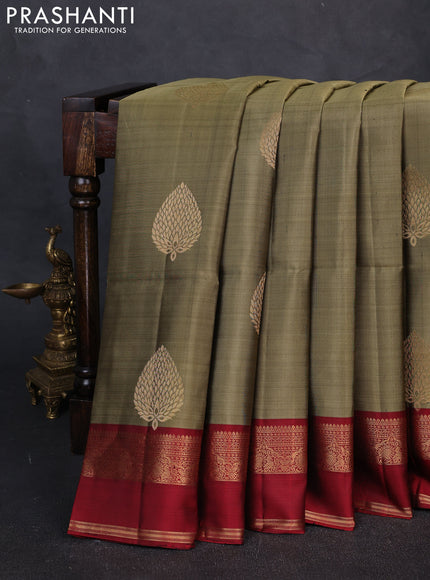 Pure Soft Silk Saree elaichi green and maroon with zari woven buttas and rettapet zari woven border