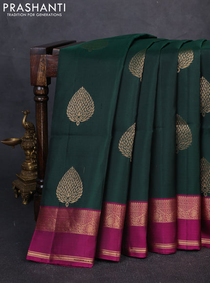 Pure Soft Silk Saree bottle green and dark magenta pink with zari woven buttas and rettapet zari woven border