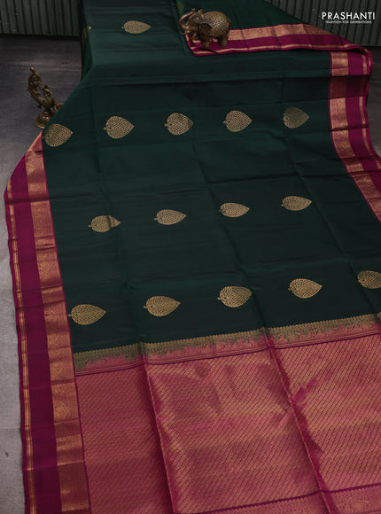 Pure Soft Silk Saree bottle green and dark magenta pink with zari woven buttas and rettapet zari woven border