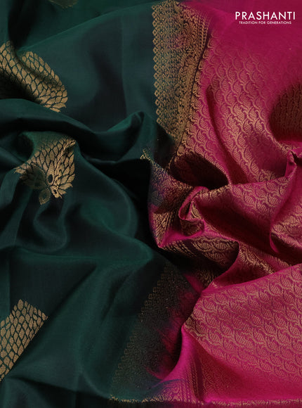 Pure Soft Silk Saree bottle green and dark magenta pink with zari woven buttas and rettapet zari woven border