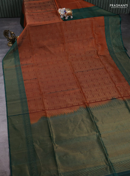 Pure Soft Silk Saree rust shade and bottle green with allover zari woven brocade weaves and zari woven border