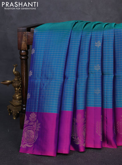 Pure Soft Silk Saree dual tone greenish blue and purple with allover zari checks & buttas and simple border