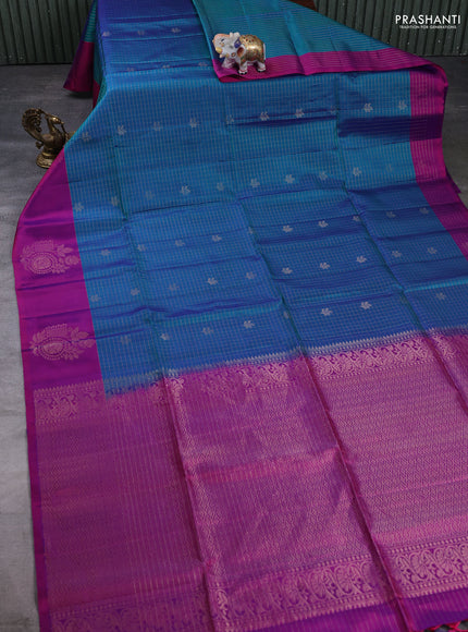 Pure Soft Silk Saree dual tone greenish blue and purple with allover zari checks & buttas and simple border