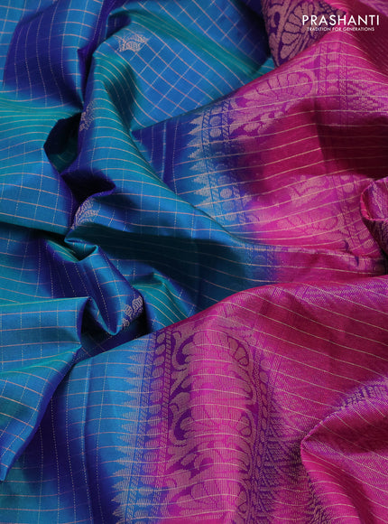 Pure Soft Silk Saree dual tone greenish blue and purple with allover zari checks & buttas and simple border