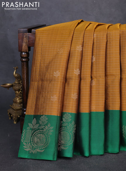 Pure Soft Silk Saree dark mustard and green with allover zari checks & buttas and simple border