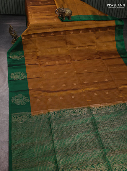 Pure Soft Silk Saree dark mustard and green with allover zari checks & buttas and simple border