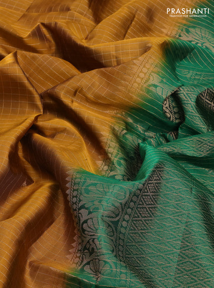 Pure Soft Silk Saree dark mustard and green with allover zari checks & buttas and simple border