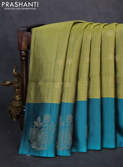 Pure Soft Silk Saree mehendi green and teal green with allover zari checks & buttas and simple border