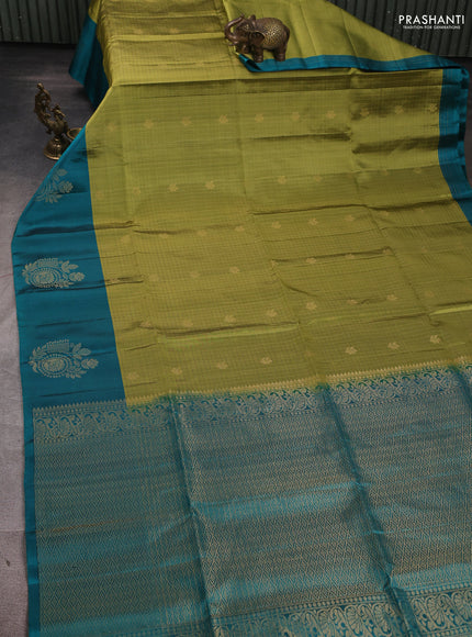 Pure Soft Silk Saree mehendi green and teal green with allover zari checks & buttas and simple border