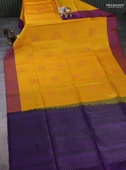 Pure Soft Silk Saree yellow and violet with allover stripe pattern & woven buttas and simple border