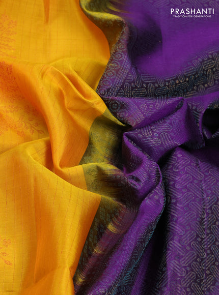 Pure Soft Silk Saree yellow and violet with allover stripe pattern & woven buttas and simple border