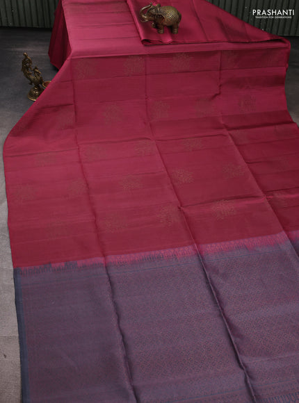 Pure Soft Silk Saree maroon and dark grey with allover stripe pattern & woven buttas in borderless style
