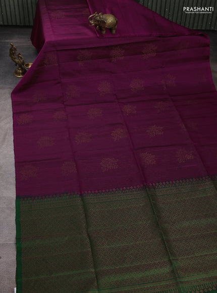 Pure Soft Silk Saree purple and green with allover stripe pattern & woven buttas in borderless style