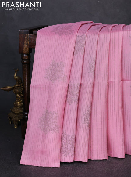 Pure Soft Silk Saree light pink and dark grey with allover stripe pattern & woven buttas in borderless style