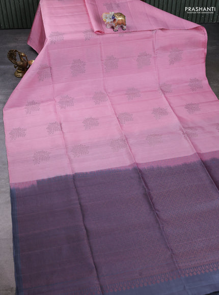 Pure Soft Silk Saree light pink and dark grey with allover stripe pattern & woven buttas in borderless style