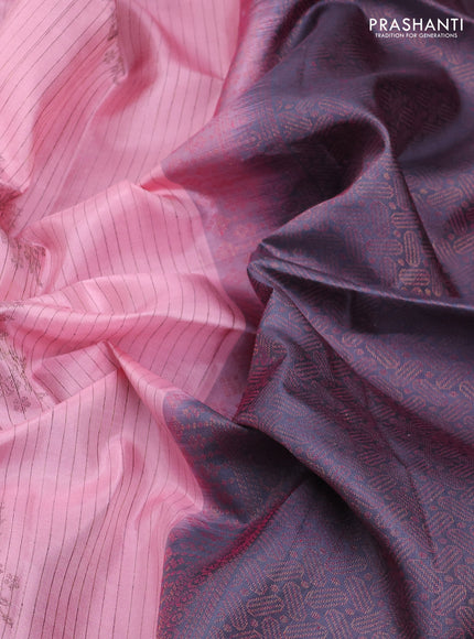 Pure Soft Silk Saree light pink and dark grey with allover stripe pattern & woven buttas in borderless style