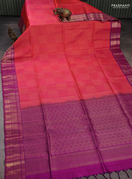 Pure Soft Silk Saree dual tone pinkish orange and purple with allover zari woven brocade weaves and zari woven border