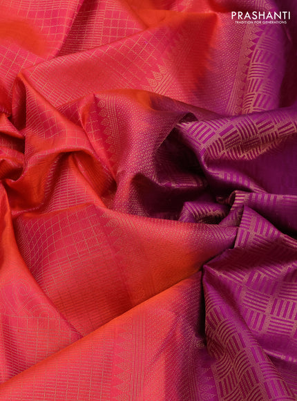Pure Soft Silk Saree dual tone pinkish orange and purple with allover zari woven brocade weaves and zari woven border