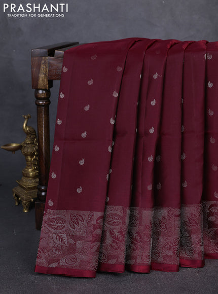 Pure Soft Silk Saree maroon with silver zari woven buttas and silver zari woven border