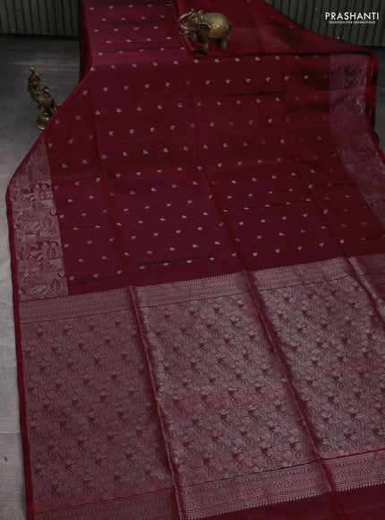 Pure Soft Silk Saree maroon with silver zari woven buttas and silver zari woven border
