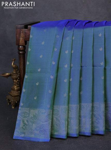 Pure Soft Silk Saree dual shade of bluish green with silver zari woven buttas and silver zari woven border