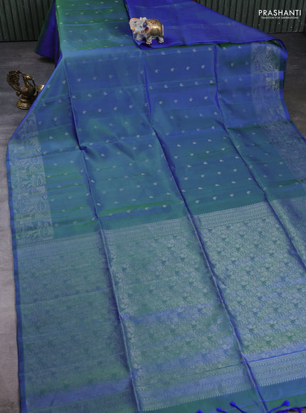 Pure Soft Silk Saree dual shade of bluish green with silver zari woven buttas and silver zari woven border