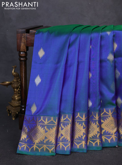 Venkatagiri Silk Saree dual tone bluish green with silver & gold zari woven geometric buttas and jamdhani weaving pallu